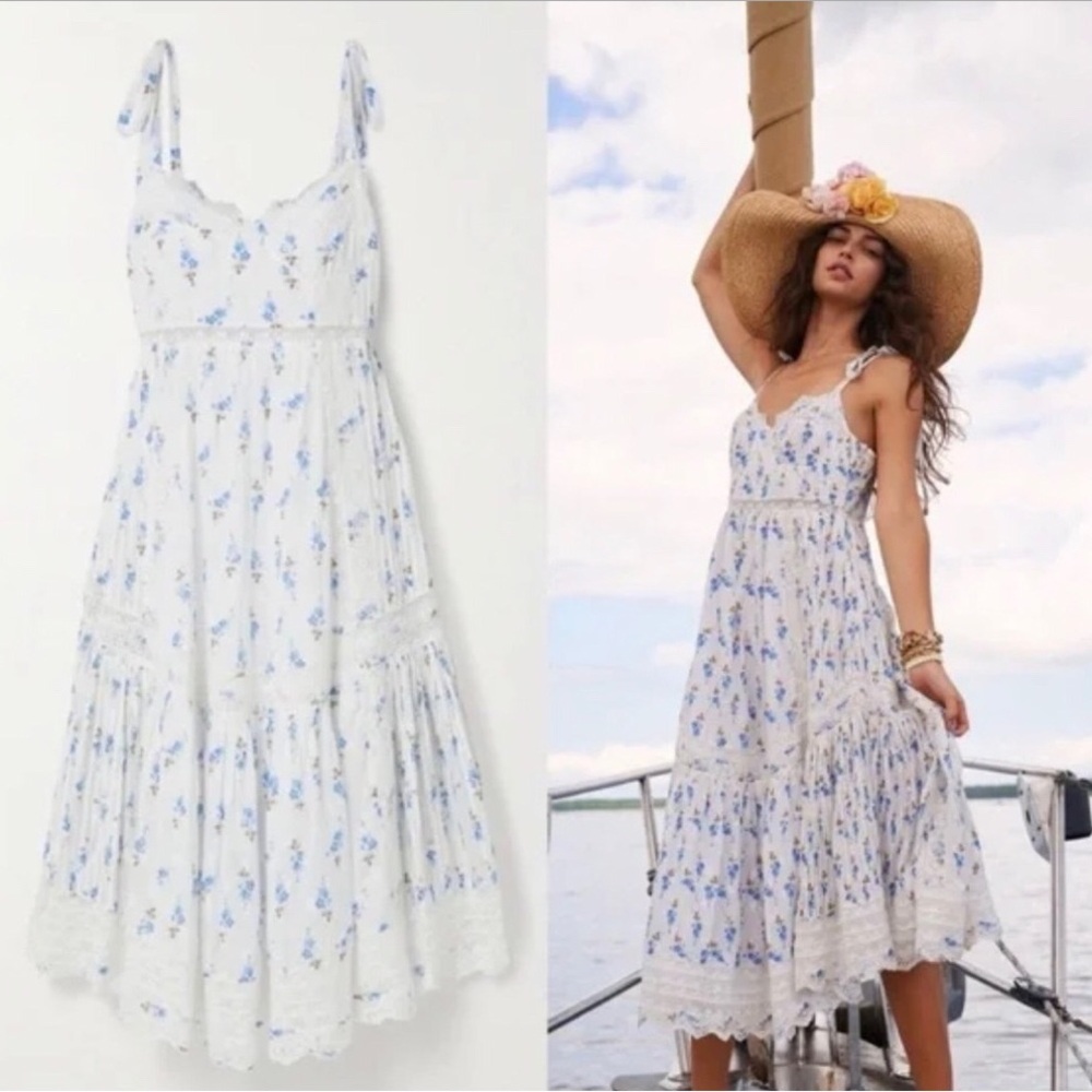 Gorgeous LoveShackFancy RARE Eyelet Midi Dress Blue Floral Print Lace Ladies GUC